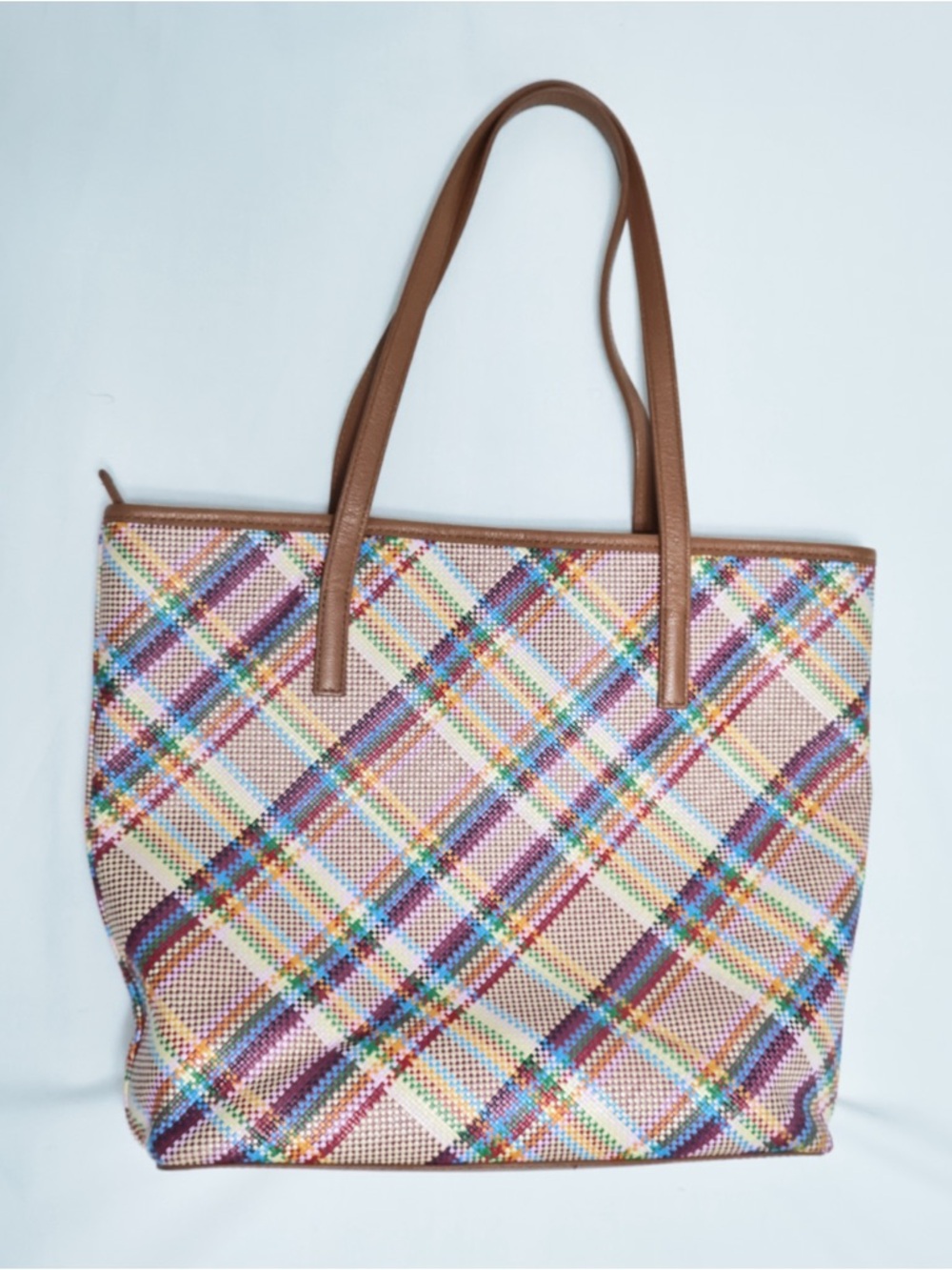Talbots Multicolor Plaid Tote Bag Trim Leather